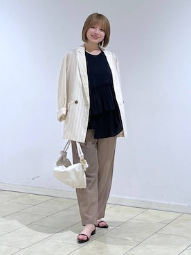 「A part by（アパートバイ）の≪追加3≫シアーWジャケット（テーラードジャケット、ベージュ系）」を使った、chikaさん（レディース・154cm）の夏コーディネート