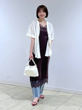 「A part by（アパートバイ）のキンチャクミニショルダバッグ（ショルダーバッグ、ホワイト系）」を使った、chikaさん（レディース・154cm）の夏コーディネート