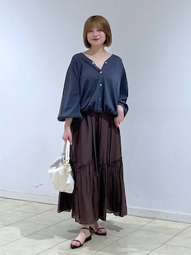 「A part by（アパートバイ）のドロストビッグVカーディガン（カーディガン/ボレロ、グレー系）」を使った、chikaさん（レディース・154cm）の夏コーディネート