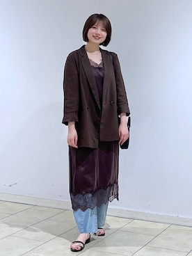 「A part by（アパートバイ）のキュプラレースキャミワンピース（ワンピース、ブラウン系）」を使った、chikaさん（レディース・154cm）の夏コーディネート