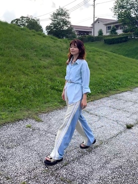 「GU（ジーユー）のアイテム（シャツ/ブラウス、グリーン系）」を使った、yuriさん（レディース・158cm）の夏コーディネート