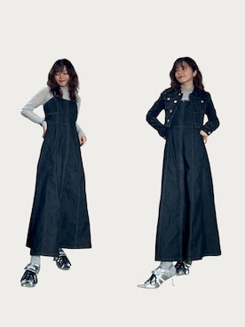 「AZUL（アズール）のアイテム（ジャンパースカート、ブラック系）」を使った、yuriさん（レディース・158cm）の春コーディネート