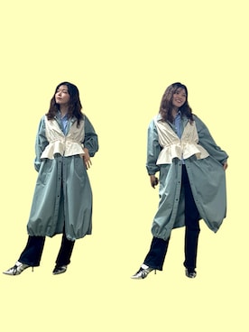 「CIAOPANIC（チャオパニック）のアイテム（ステンカラーコート、ブルー系）」を使った、yuriさん（レディース・158cm）の春コーディネート