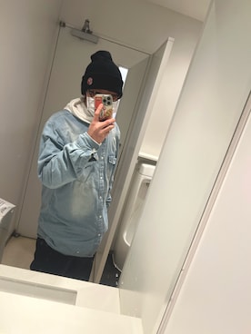 「しまむら（シマムラ）のアイテム（デニムジャケット）」を使った、初心者おでぶさん（メンズ・174cm）の冬コーディネート