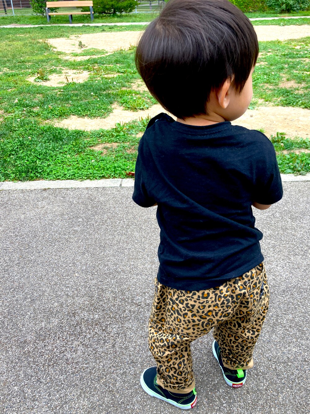 その他のチノパンツ、ブラック系のTシャツ/カットソー、ブラック系のスニーカーを着用したレディースの秋コーディネートの1枚目の写真