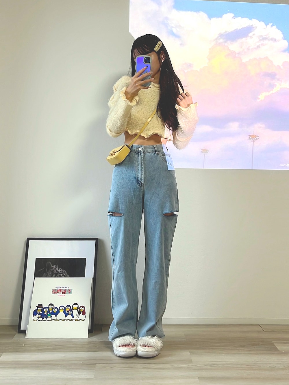 「ニット、今日のコーデ、ゆるコーデ、ニットコーデ、骨格ストレート、骨格ストレートコーデ、骨格ストレート映える服、カジュアルスタイル、休日スタイル」｜「GRLのサイドカッティングデニムパンツ（デニムパンツ、ブルー系）」を使った、himari_babeさん（レディース・160cm）の秋コーディネートの1枚目の写真