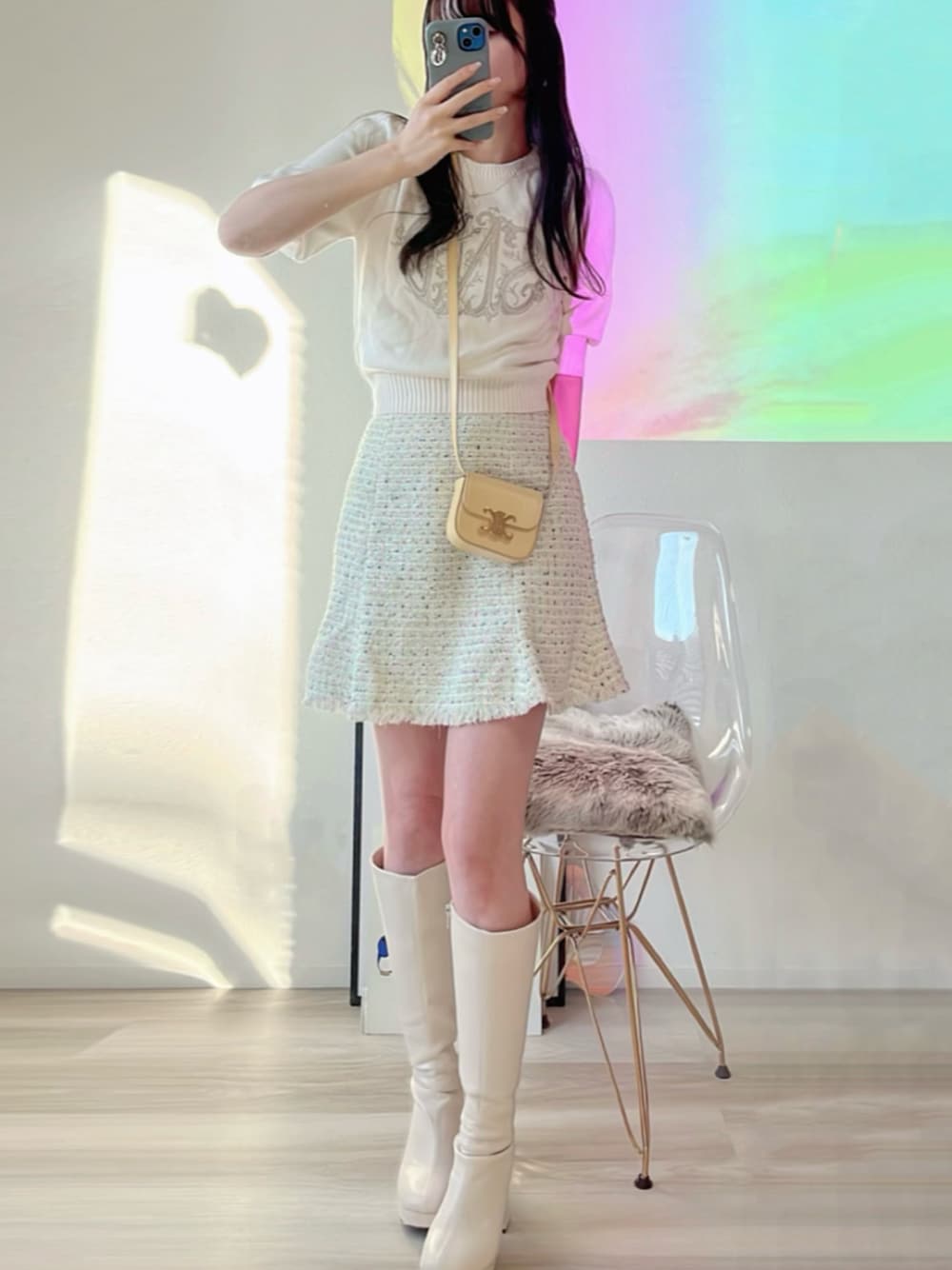 「春、おでかけコーデ、春のNewスタイル、大人かわいい、春服、着回しコーデ、きれいめカジュアル、骨格ストレート、骨格ストレート映える服」｜「SNIDELのSustainableエンブロイダリーニットプルオーバー（ニット/セーター、ホワイト系）」を使った、himari_babeさん（レディース・160cm）の春コーディネートの1枚目の写真