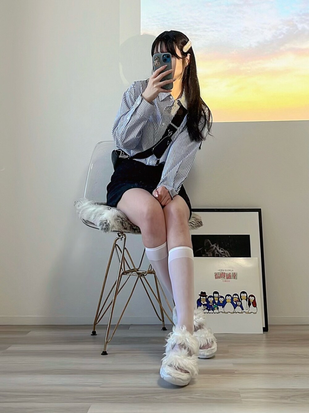 「GUのアイテム（シャツ/ブラウス、ブルー系）」を使った、himari_babeさん（レディース・160cm）の春コーディネートの1枚目の写真