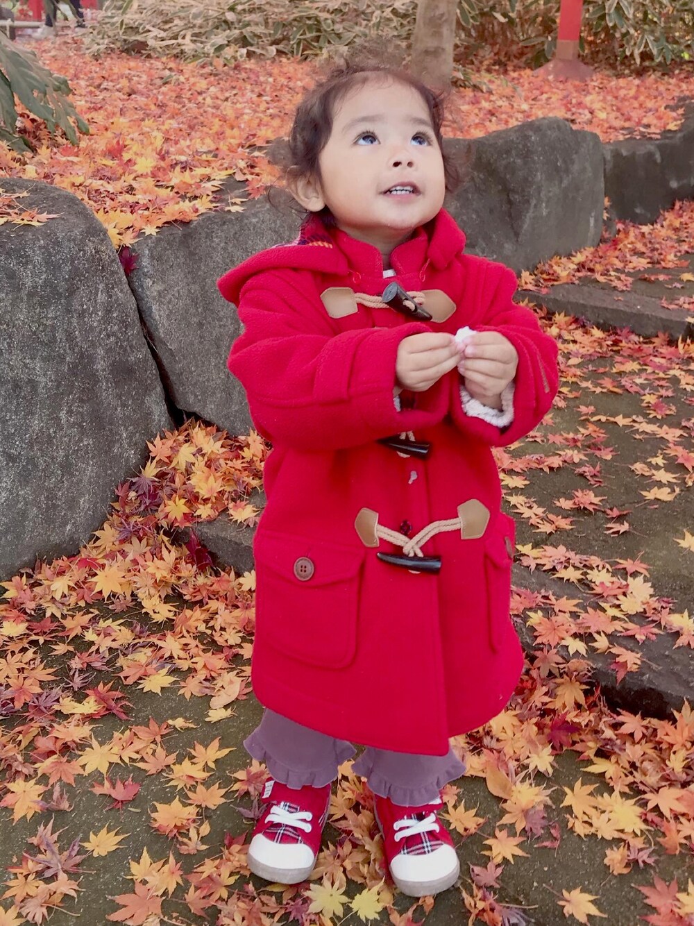 「クリスマスに着たい服、キッズファッション、ベビーコーデ、2歳、２歳1ヶ月、クリスマスコーデ、ダッフルコート、mikihouse、休日スタイル、娘コーデ、女の子、女の子ベビー、女の子ファッション」｜「MIKI HOUSEのフリースダッフルコート（その他アウター、レッド系）」を使った、ちゅーてぃさん（キッズ・90cm）の冬コーディネートの1枚目の写真