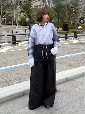 「CITYSHOP（シティーショップ）の[THE MOOD]レースアップロングTシャツ（Tシャツ/カットソー、ホワイト系）」を使った、moneさん（レディース・163cm）の春コーディネート