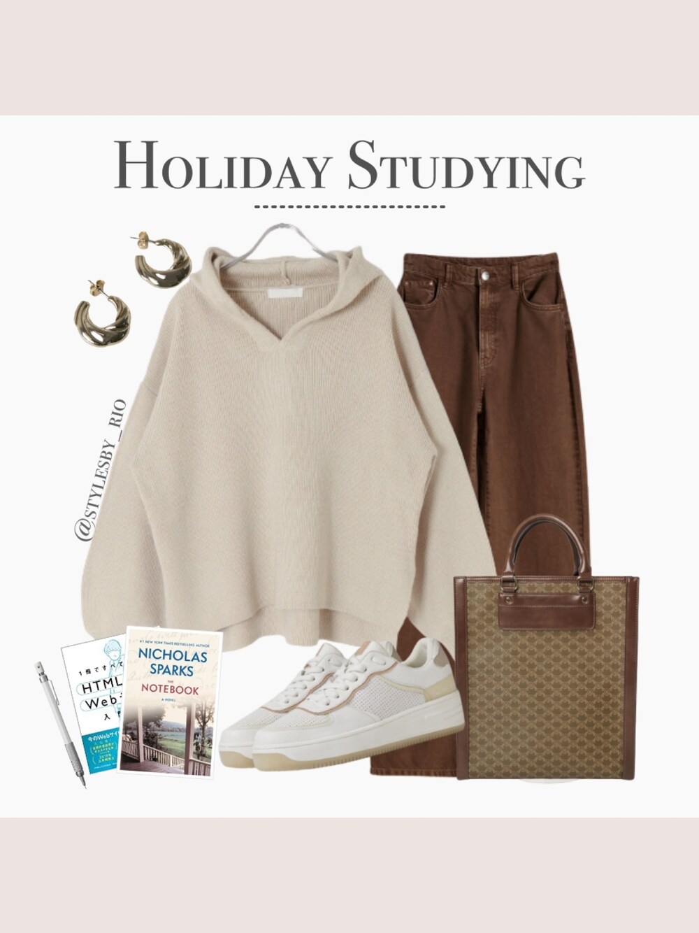 ブラウン系のトートバッグ、ホワイト系のスニーカー、ベージュ系のニット/セーターを着用したレディースの秋コーディネートの1枚目の写真