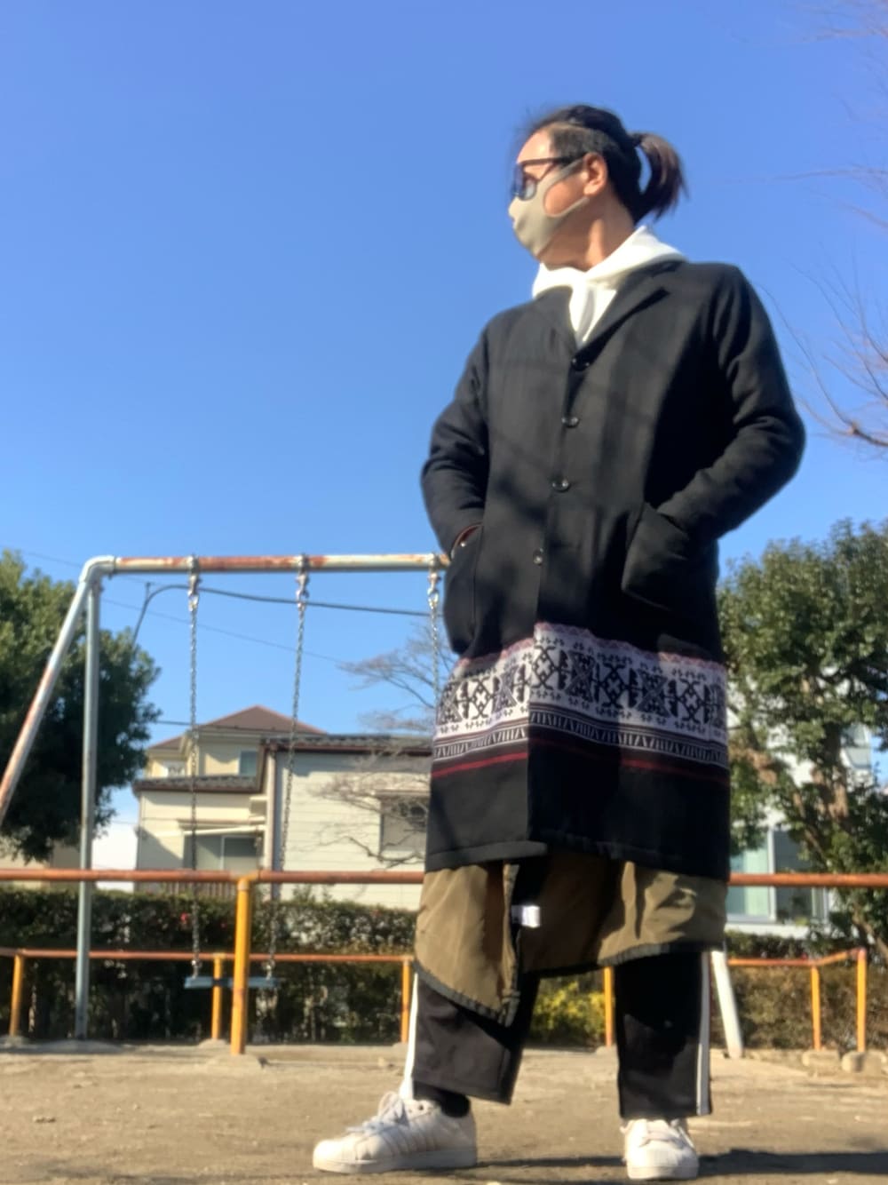 美品 White Mountaineering チェスターコート ロング L相当 ZIP FIVE -White Line- チェスターコート コート 「White Line」 MOSS