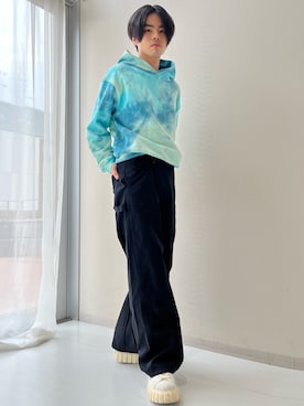 「nissen（ニッセン）のムラ染裏毛フーディ＜大きいサイズ有＞GEVS.（パーカー、ブルー系）」を使った、umnvwvnmuさん（メンズ・168cm）の冬コーディネート