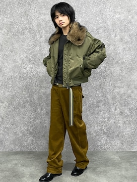 「nissen（ニッセン）のフェイクファーカラー付MA-1ブルゾン＜大きいサイズ有＞GEVS.（ジャケット/アウター、グリーン系）」を使った、umnvwvnmuさん（メンズ・168cm）の秋コーディネート