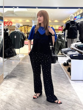 「GLOBAL WORK（グローバルワーク）のリッチクリーン透けにくいドルマンプルオーバー/636794（Tシャツ/カットソー、ブルー系）」を使った、オカピさん（レディース）の夏コーディネート