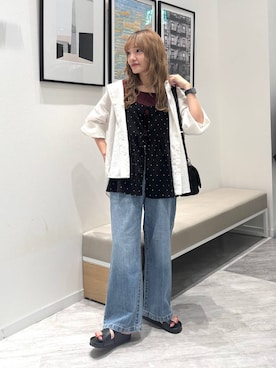 「GLOBAL WORK（グローバルワーク）のさらさらリラックスキャミ＊パンツSET/636257（その他パンツ、ブラック系）」を使った、オカピさん（レディース）の夏コーディネート
