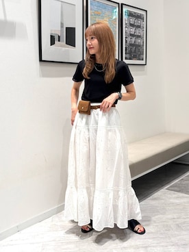 「GLOBAL WORK（グローバルワーク）のmeets India/ティアード刺繍スカート/625306（スカート、ホワイト系）」を使った、オカピさん（レディース）の夏コーディネート