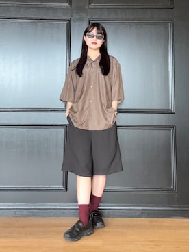 「tk.TAKEO KIKUCHI（ティーケータケオキクチ）のジャカードボタニカルシャツ（シャツ/ブラウス、ブラウン系）」を使った、madokaさん（レディース・160cm）の夏コーディネート