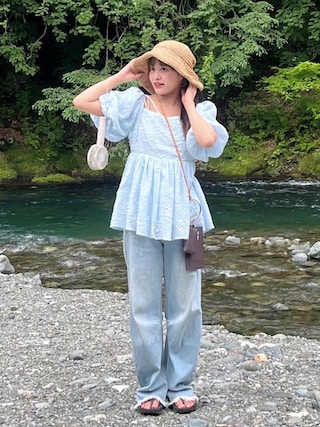「Meiru（メイル）の2wayオフショルジャガードペプラムトップス（シャツ/ブラウス）」を使った、sanaさん（レディース・146cm）の夏コーディネート