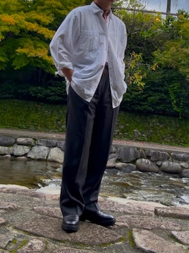 「アイテム（ストール/ショール）」を使った、he is?さん（メンズ・175cm）の秋コーディネート