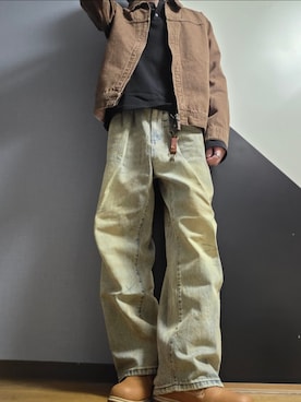 「ADRER（アドラー）のvintage make wide tapered denim / ヴィンテージメイクワイドテーパードデニム（デニムパンツ、ブルー系）」を使った、TAKUさん（メンズ・176cm）の春コーディネート