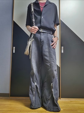 「cussil（クシル）の【cussil/クシル】【12oz】ハイウエストフルレングス センタークリースZIPフレアデニムパンツ（デニムパンツ、グレー系）」を使った、TAKUさん（メンズ・176cm）の夏コーディネート