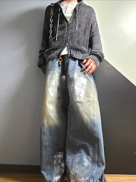 「Spielio（シュピーリオ）の【Spielio】Vintage like foil print denim pants/ヴィンテージライク箔プリントワイドデニムパンツ（デニムパンツ、ブルー系）」を使った、TAKUさん（メンズ・176cm）の春コーディネート