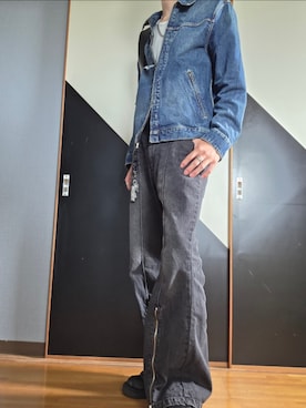 「cussil（クシル）の【cussil/クシル】【12oz】ハイウエストフルレングス センタークリースZIPフレアデニムパンツ（デニムパンツ、グレー系）」を使った、TAKUさん（メンズ・176cm）の春コーディネート