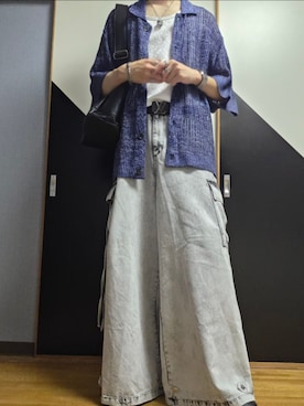 「Spielio（シュピーリオ）の【Spielio】Vintage like denim cargo wide pants/ヴィンテージライクデニムカーゴワイドパンツ（カーゴパンツ、ホワイト系）」を使った、TAKUさん（メンズ・176cm）の夏コーディネート