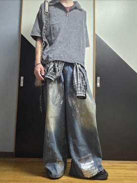 「Spielio（シュピーリオ）の【Spielio】Vintage like foil print denim pants/ヴィンテージライク箔プリントワイドデニムパンツ（デニムパンツ、ブルー系）」を使った、TAKUさん（メンズ・176cm）の春コーディネート