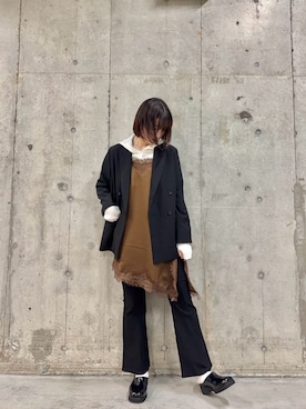 「SENSE OF PLACE by URBAN RESEARCH(センスオブプレイスバイアーバンリサーチ)の『イージーケア』ダブルテーラードジャケット(Tailored jacket、ブラック系)」を使った、だーこさん(レディース・165cm)の春コーディネート