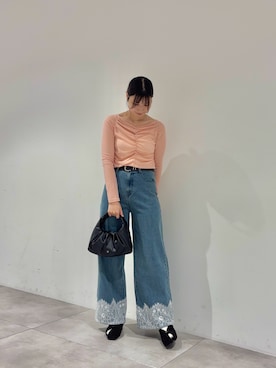 「SENSE OF PLACE by URBAN RESEARCH(センスオブプレイスバイアーバンリサーチ)のシャーリングボートネックトップ(Tシャツ/カットソー、ピンク系)」を使った、だーこさん(レディース・165cm)の夏コーディネート