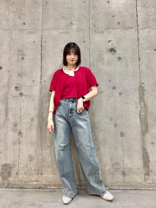 トゥービーシック Tシャツ カットソー 半袖 ラウンドネック ビジュー 2 赤 ラウンドネックリブTシャツ(半袖)（Tシャツ/カットソー）｜SENSE OF