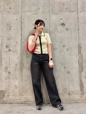 「SENSE OF PLACE by URBAN RESEARCH(センスオブプレイスバイアーバンリサーチ)のバイカラーエリツキホックニット(Knitwear、ホワイト系)」を使った、だーこさん(レディース・165cm)の春コーディネート