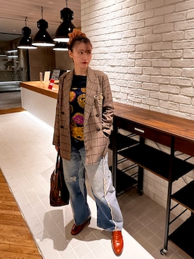 「アイテム（ストール/ショール）」を使った、ぽぽさん（レディース・159cm）の秋コーディネート