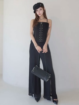 「JOSE MOON（ジョゼムーン）のARMURE ZIP BUSTIER/アーミュールジップビスチェ（チューブトップ、ブラック系）」を使った、JOSE MOONさん（レディース・159cm）の春コーディネート