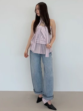 「JOSE MOON（ジョゼムーン）のREPOS OVER BOWTIE SHIRT/リポスオーバーボウタイシャツ（シャツ/ブラウス、ピンク系）」を使った、JOSE MOONさん（レディース・159cm）の秋コーディネート
