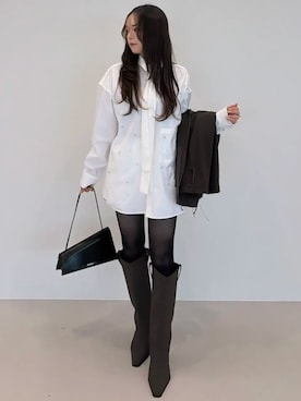 「JOSE MOON（ジョゼムーン）のREPOS OVER BOWTIE SHIRT with BIJOU/リポスオーバーボウタイシャツwithビジュー（シャツ/ブラウス、ホワイト系）」を使った、JOSE MOONさん（レディース・159cm）の秋コーディネート