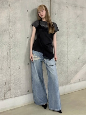 「JOSE MOON（ジョゼムーン）のUPSIDE DOWN LOGO T-SHIRT/アップサイドダウンロゴTシャツ（Tシャツ/カットソー、ブラック系）」を使った、JOSE MOONさん（レディース・163cm）の夏コーディネート