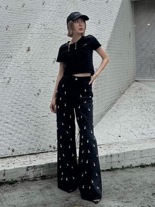 JOSE MOON ワイドデニムパンツウィズパール36 WIDE DENIM PANTS with PEARL/ワイドデニムパンツウィズパール（デニム