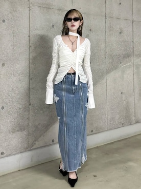 「JOSE MOON（ジョゼムーン）のSPLIT GATHERS CHOKER TOPS/スプリットギャザーチョーカートップス（Tシャツ/カットソー、ホワイト系）」を使った、JOSE MOONさん（レディース・159cm）の春コーディネート
