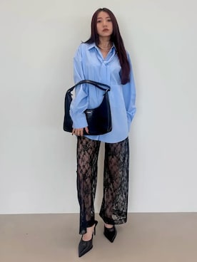 「JOSE MOON（ジョゼムーン）のREPOS OVER BOWTIE SHIRT/リポスオーバーボウタイシャツ（シャツ/ブラウス、ブルー系）」を使った、JOSE MOONさん（レディース・159cm）の秋コーディネート
