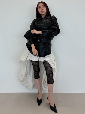 「JOSE MOON（ジョゼムーン）のRIDERS DETAIL TRENCH COAT/ライダースディティールトレンチコート（トレンチコート、ブラック系）」を使った、JOSE MOONさん（レディース・159cm）の秋コーディネート