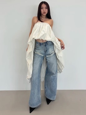 「JOSE MOON（ジョゼムーン）のLAYERED LIKE DENIM PANTS/レイヤードライクデニムパンツ（デニムパンツ、ブルー系）」を使った、JOSE MOONさん（レディース・159cm）の秋コーディネート