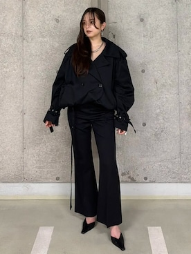 「JOSE MOON（ジョゼムーン）のOVER DETACHABLE TRENCH COAT/オーバーディタチャブルトレンチコート（トレンチコート、ブラック系）」を使った、JOSE MOONさん（レディース・159cm）の秋コーディネート