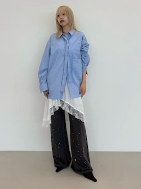 「JOSE MOON（ジョゼムーン）のREPOS OVER BOWTIE SHIRT with BIJOU/リポスオーバーボウタイシャツwithビジュー（シャツ/ブラウス、ブルー系）」を使った、JOSE MOONさん（レディース・159cm）の秋コーディネート