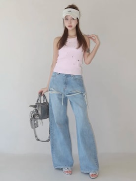 「JOSE MOON（ジョゼムーン）のLAYERED LIKE DENIM PANTS/レイヤードライクデニムパンツ（デニムパンツ、ブルー系）」を使った、JOSE MOONさん（レディース・159cm）の春コーディネート