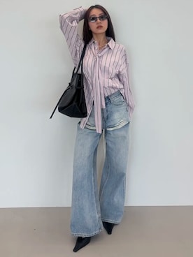 「JOSE MOON（ジョゼムーン）のREPOS OVER BOWTIE SHIRT/リポスオーバーボウタイシャツ（シャツ/ブラウス、ピンク系）」を使った、JOSE MOONさん（レディース・159cm）の秋コーディネート