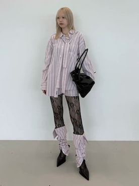 「JOSE MOON（ジョゼムーン）のREPOS OVER BOWTIE SHIRT/リポスオーバーボウタイシャツ（シャツ/ブラウス、ピンク系）」を使った、JOSE MOONさん（レディース・159cm）の秋コーディネート