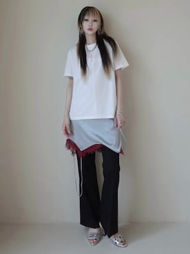 「JOSE MOON（ジョゼムーン）のJOSEMOON LOGO OVER T-SHIRT/ジョゼムーンロゴオーバーTシャツ（Tシャツ/カットソー、ホワイト系）」を使った、JOSE MOONさん（レディース・159cm）の春コーディネート